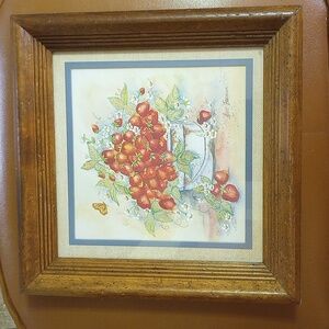 Strawberry & Floral Art by Ava Freeman in Brown Wood Square Frame w/ Glass
